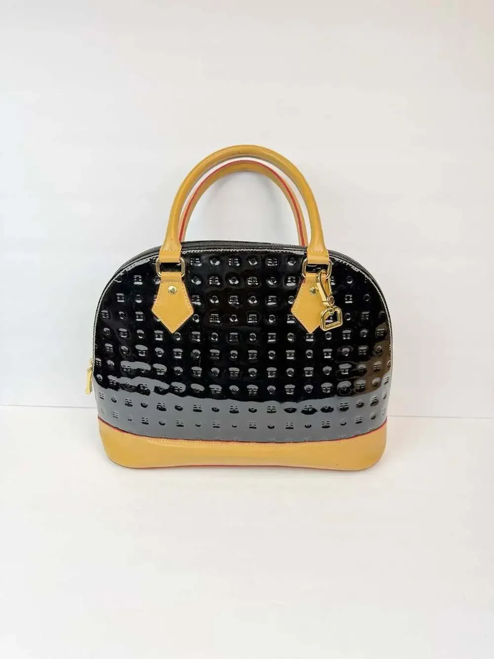 Arcadia Italian Dome Satchel Handbag in Black Patent Leather with Beige Trim